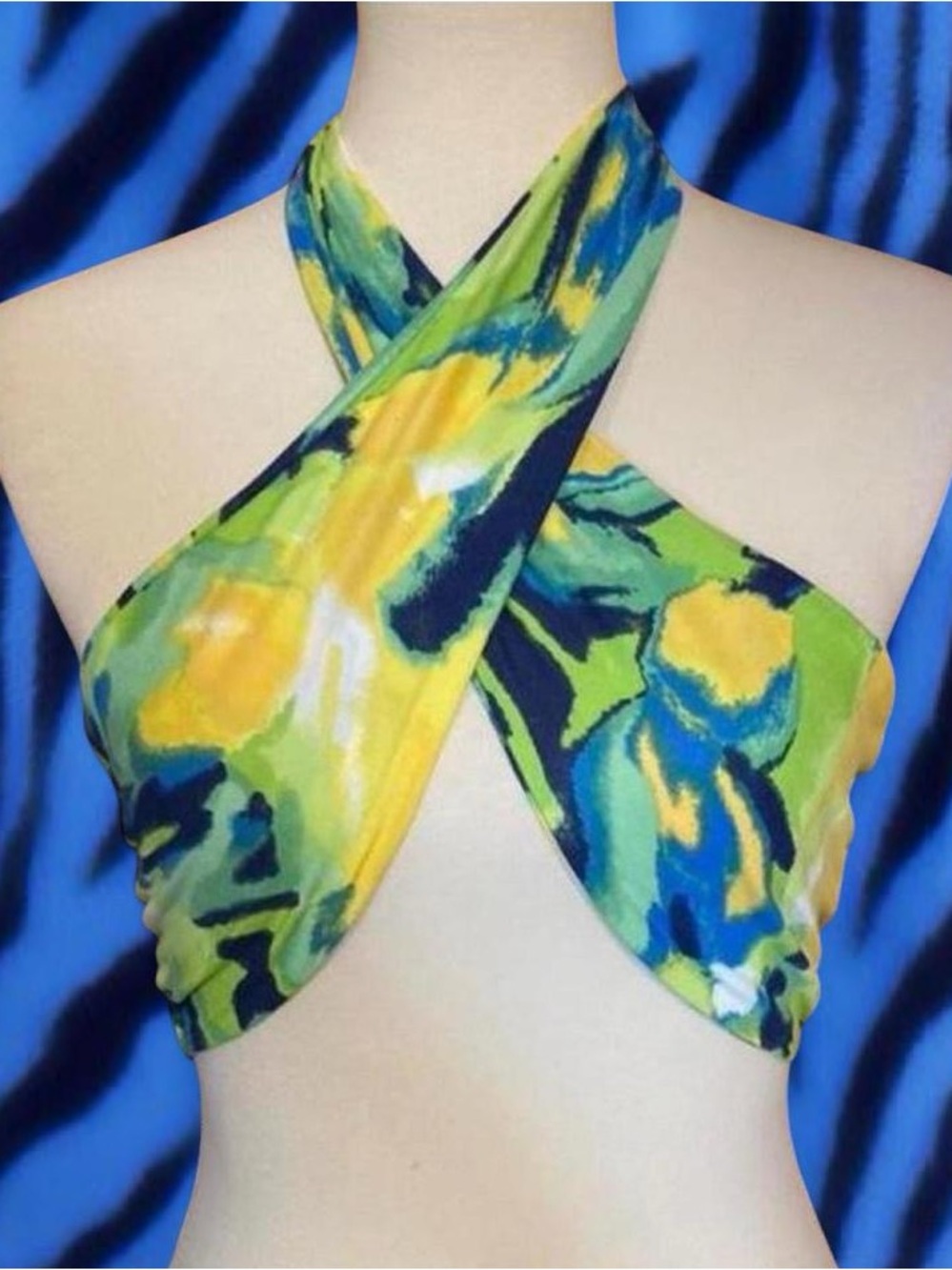 Vibrant Floral Cross-Front Halter Top - Yellow Green Blue